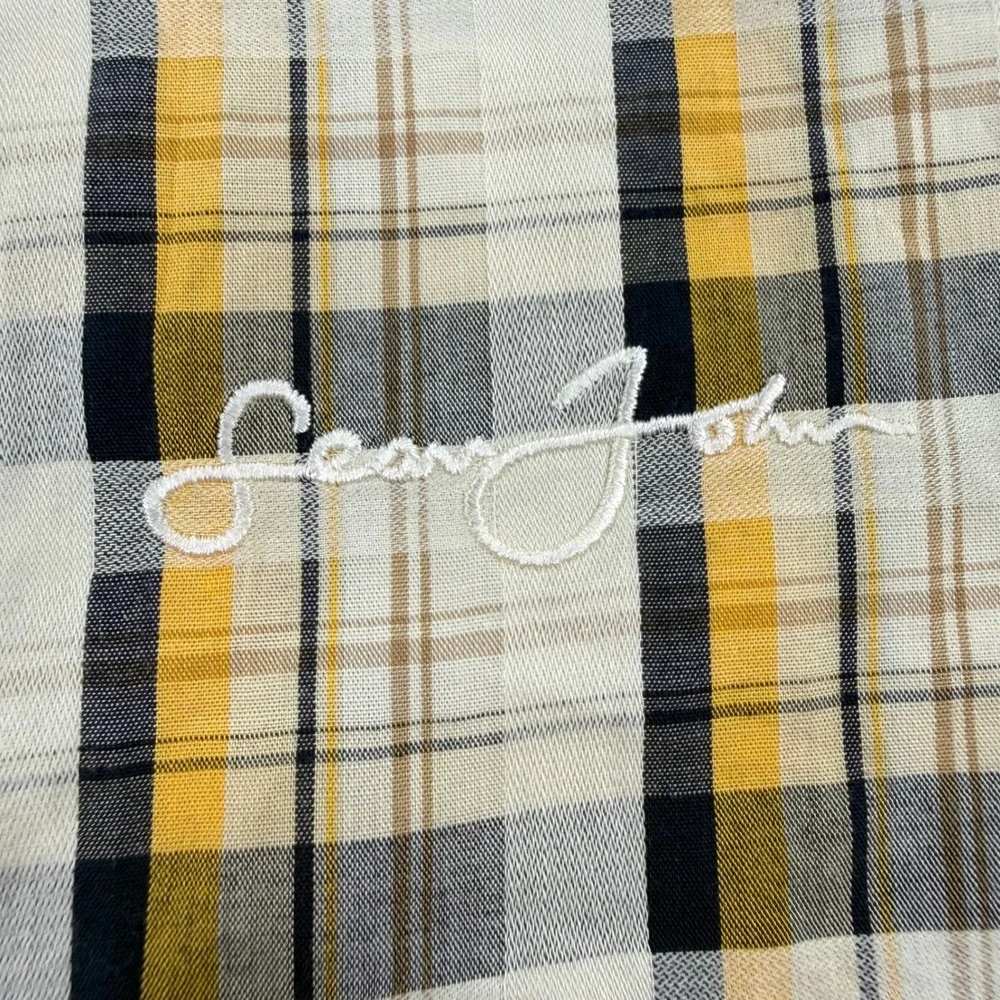 Sean John Button Down Shirt XXL Yellow Plaid Embroidered Logo Mens